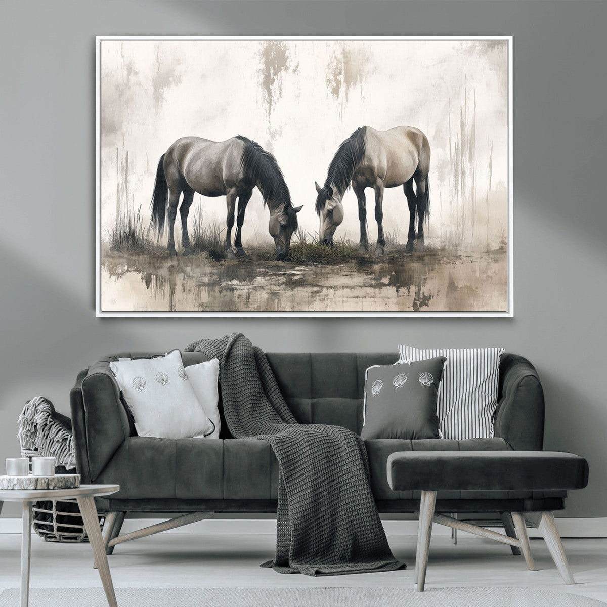 Chines Ink Style Vintage Horses Wall Art Canvas Print for