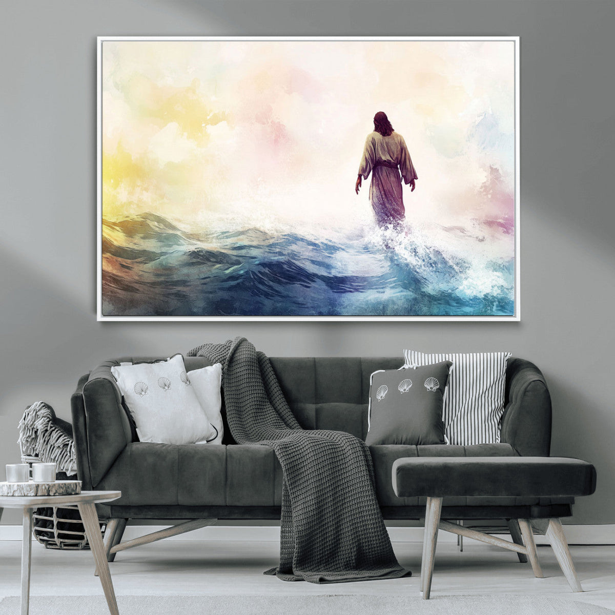 Watercolor Jesus Walking on Water Canvas Print, Christian