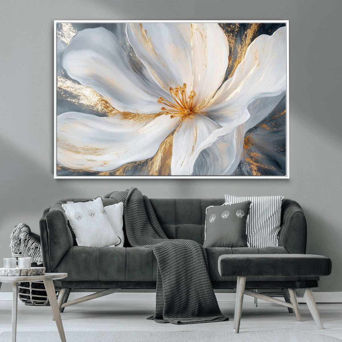 White and Gold Floral Canvas Wall Art - Framed and Ready to