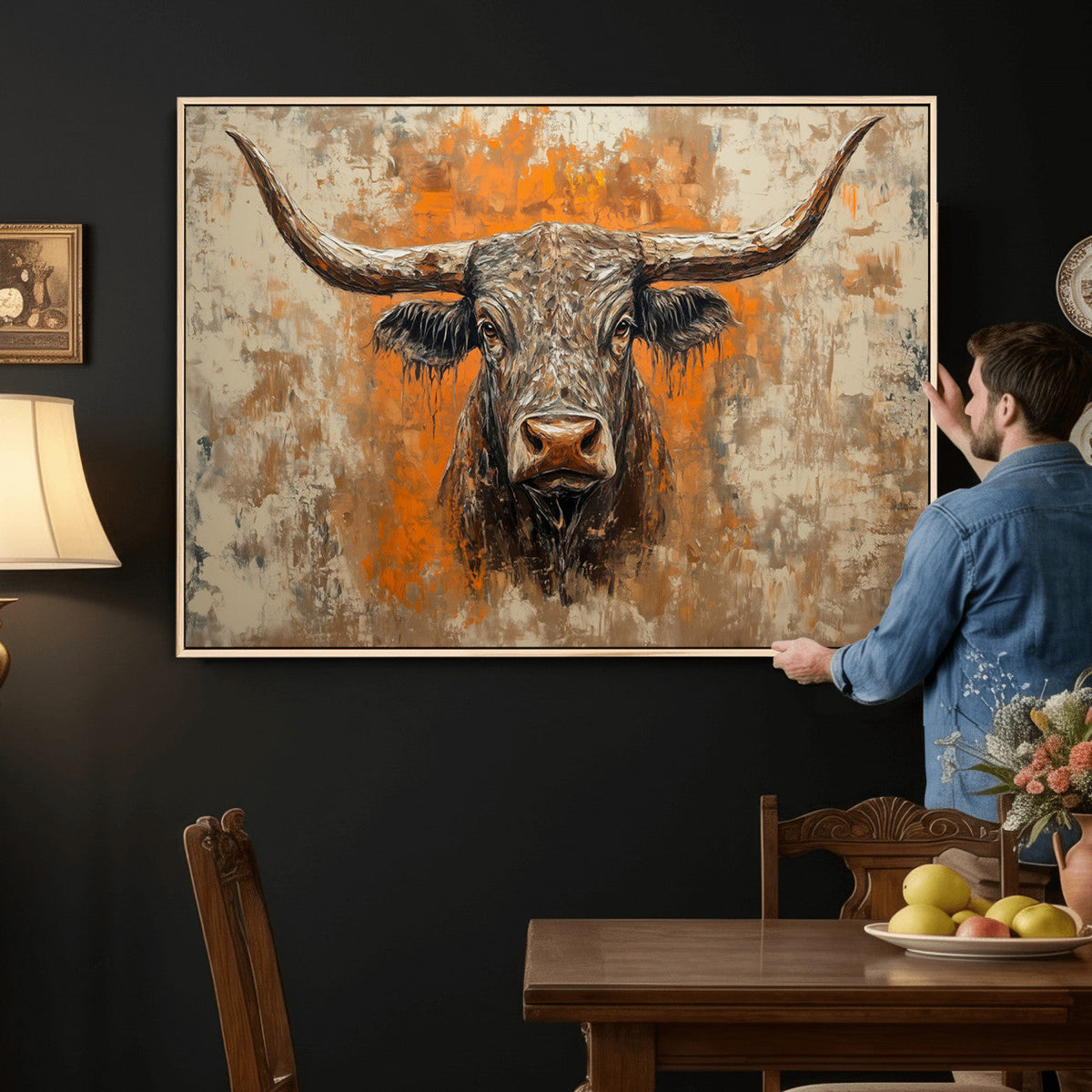 Abstract Cow Longhorn Bull Wall Art Canvas Print - Rustic