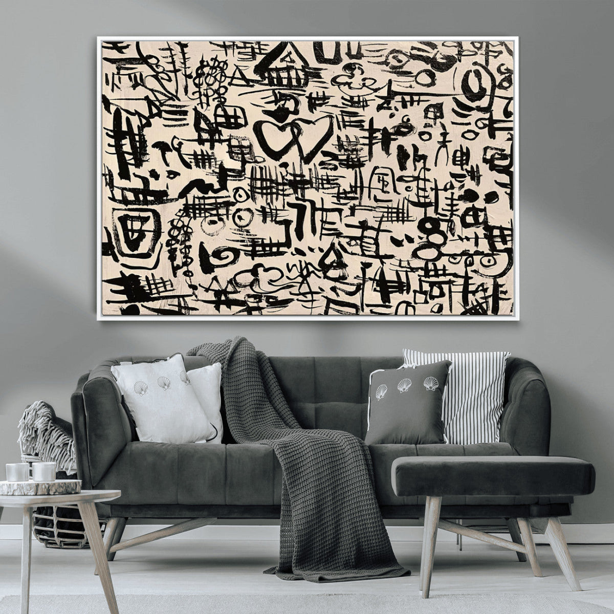 Abstract Love and Chaos Canvas Print, Black Symbols on Beige