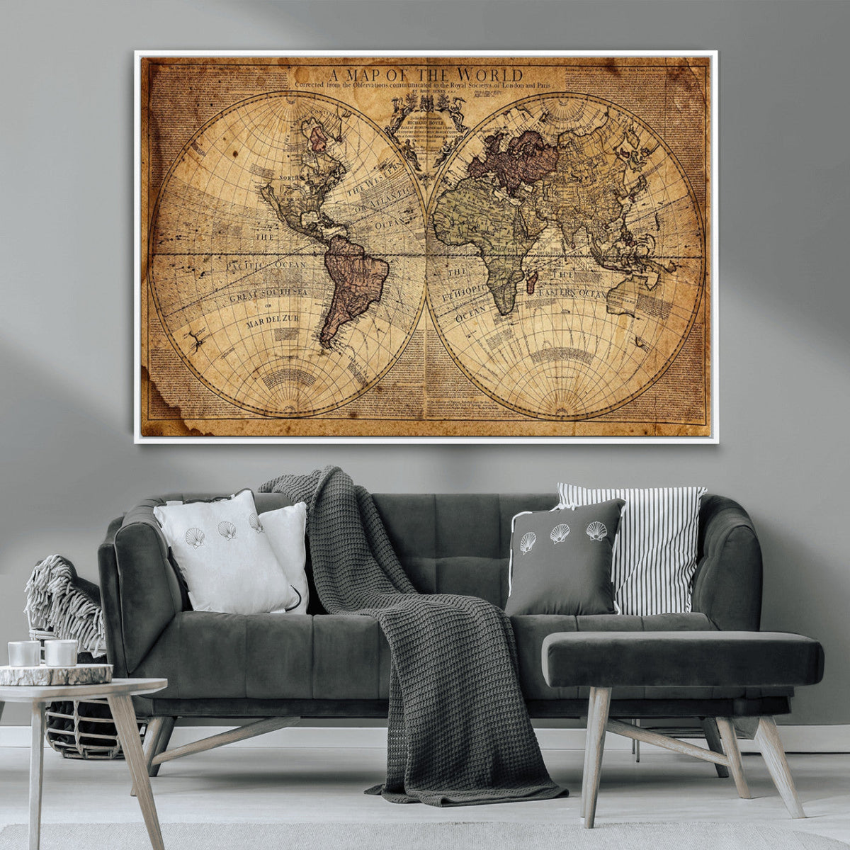 Vintage World Map Wall Art Canvas – Antique Style Push Pin