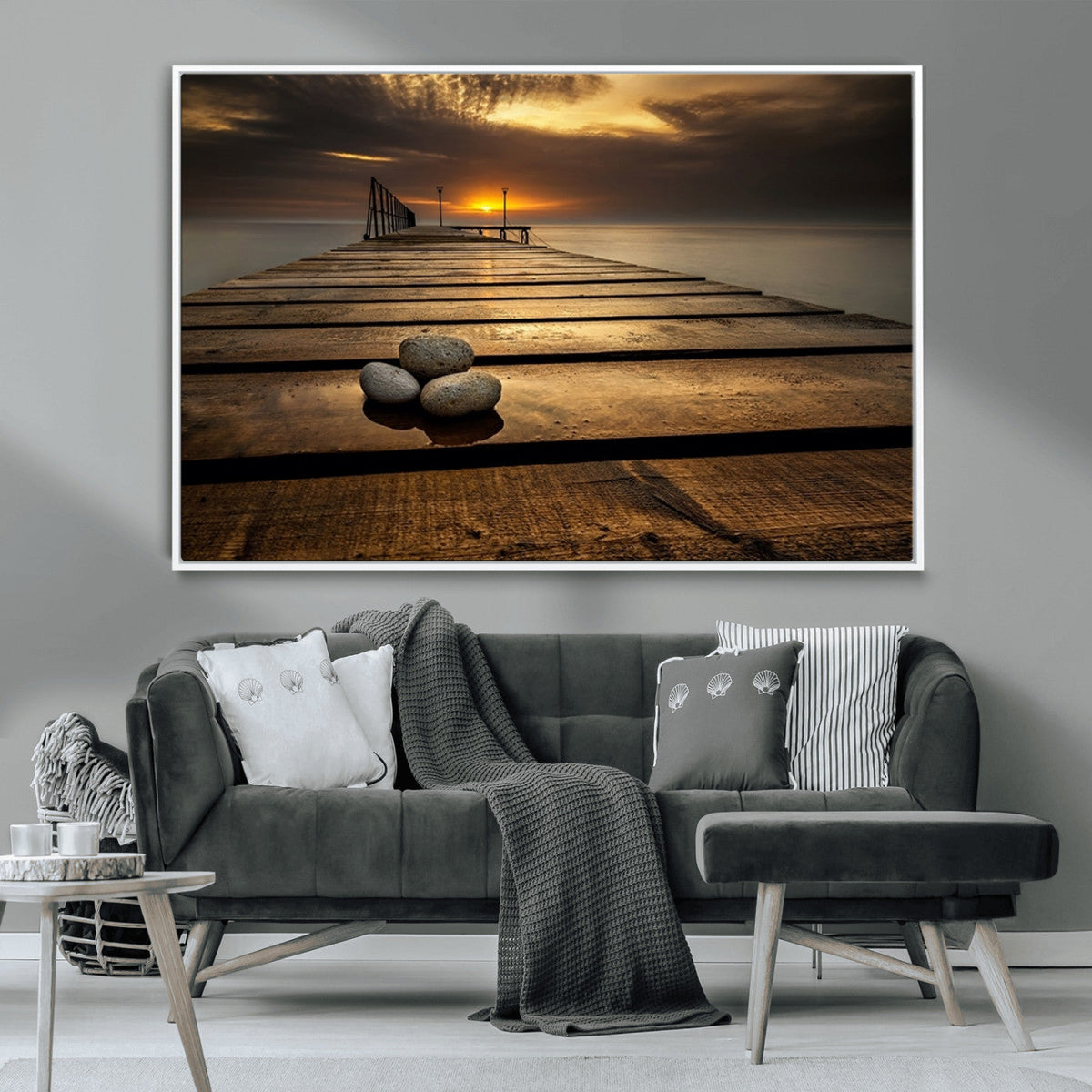 Stones on Wooden Pier at Sunset Canvas Print, Serene Coastal