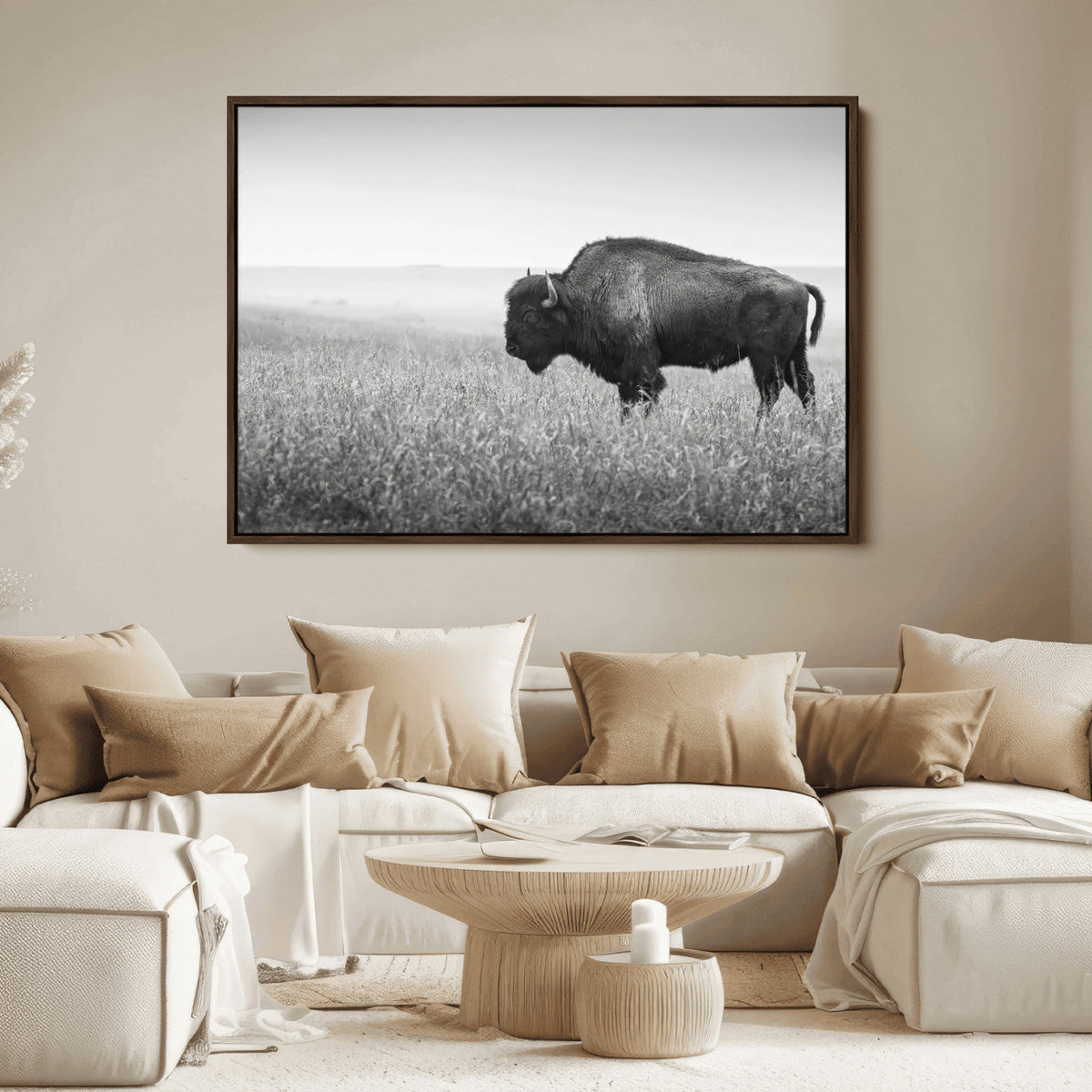 Bison in Prairie Wall Art Canvas Print – Framed Rustic