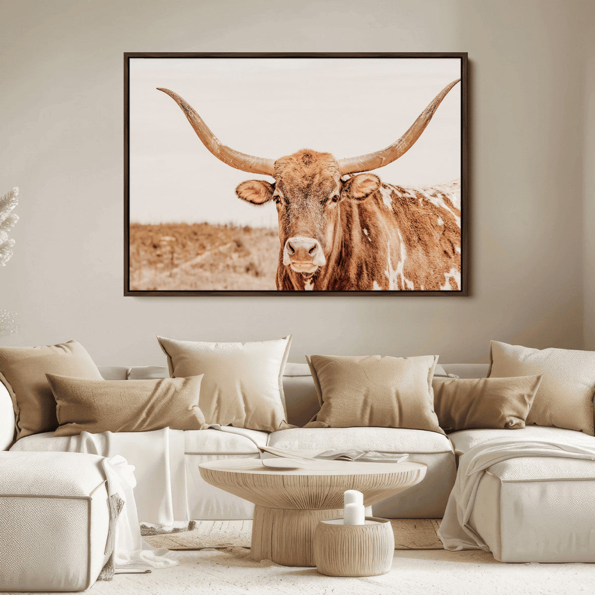 Texas Longhorn Wall Art Canvas Print – Framed Sepia Cow Art