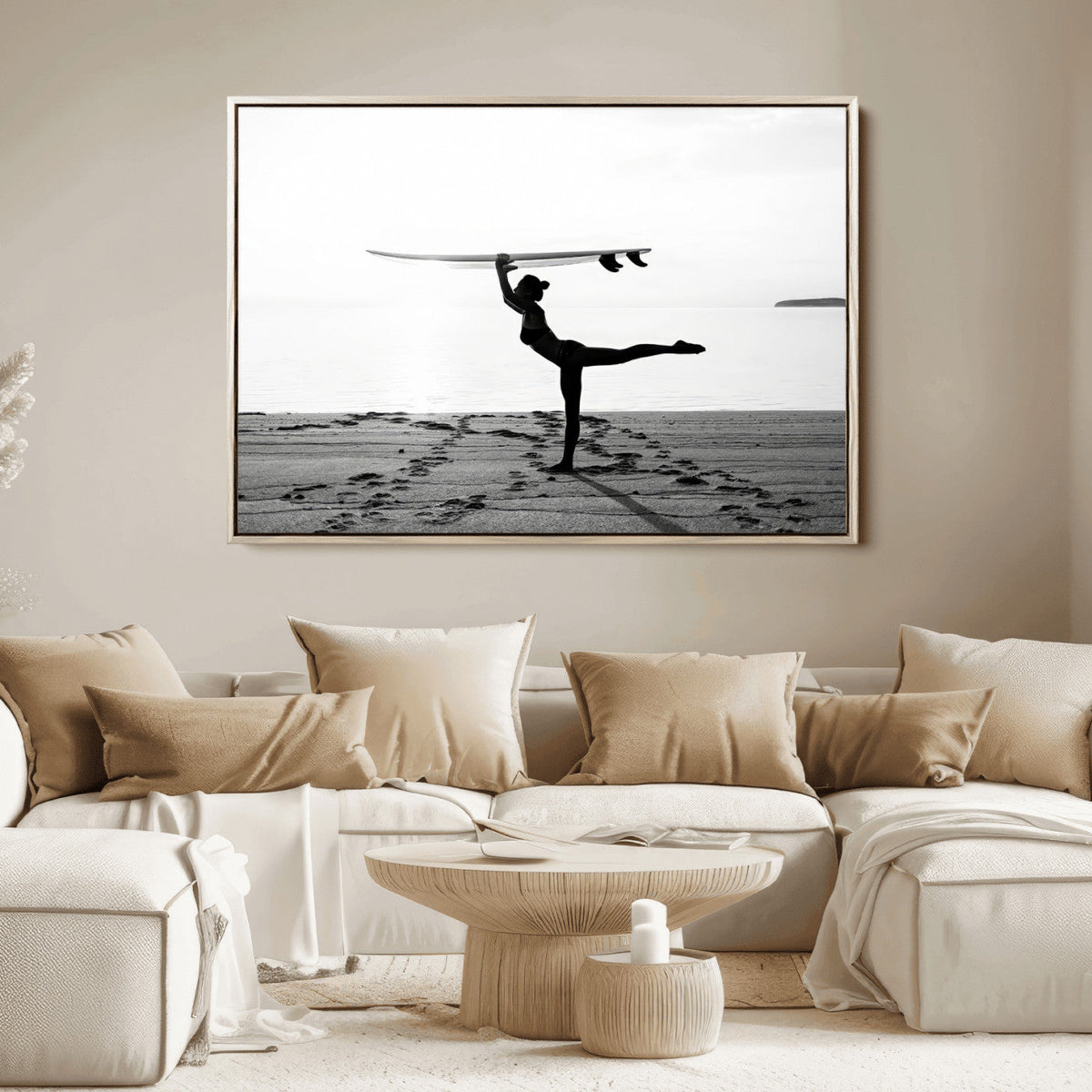 Yoga Surf Wall Art Canvas Print – Framed Black White Shore