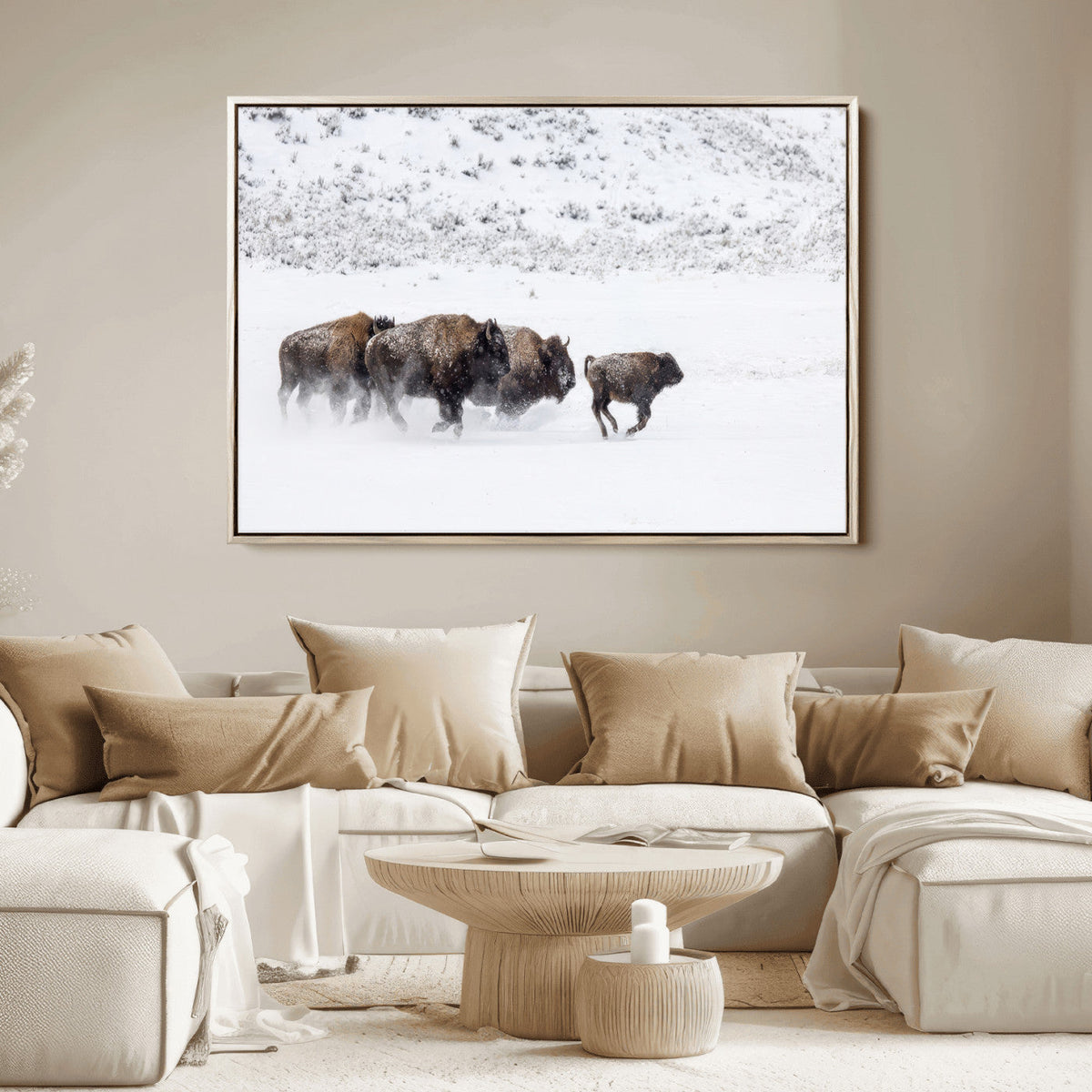 Bison Herd Decor Wall Art Canvas Print – Framed Snowy Bison