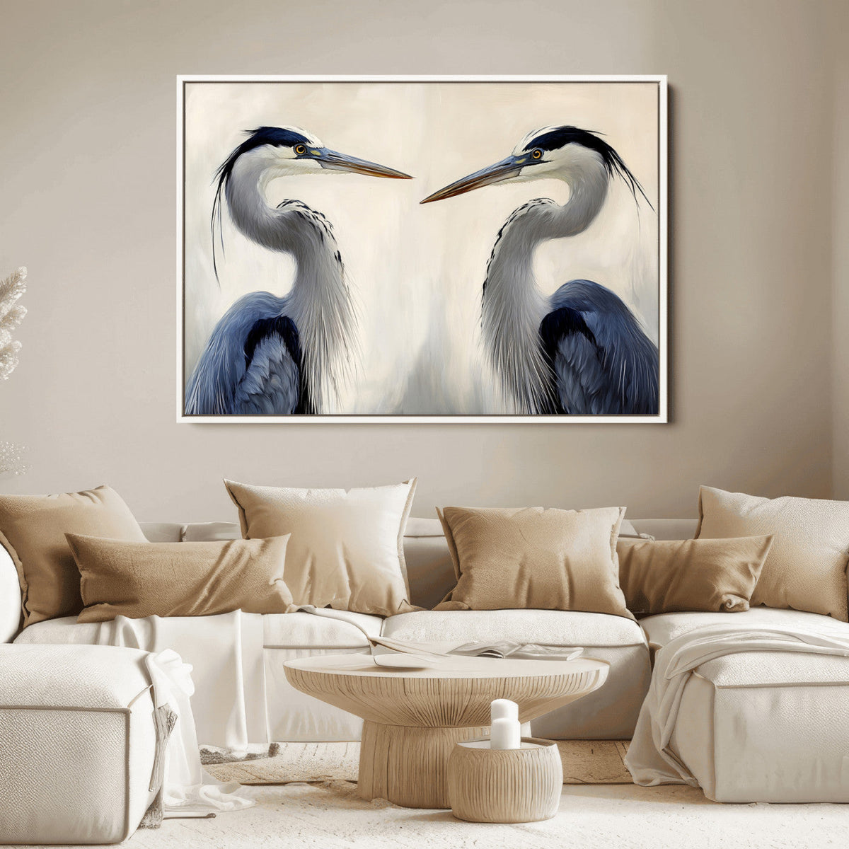 Blue Heron Pair Wall Art Canvas Print, Framed Coastal Bird