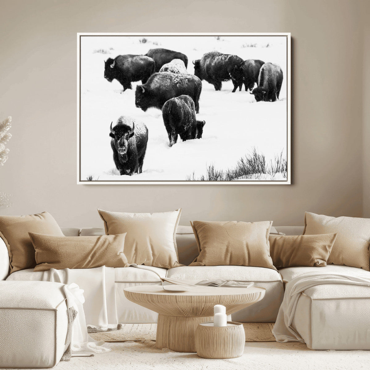 Buffalo Herd Wall Art Canvas Print – Framed Black and White