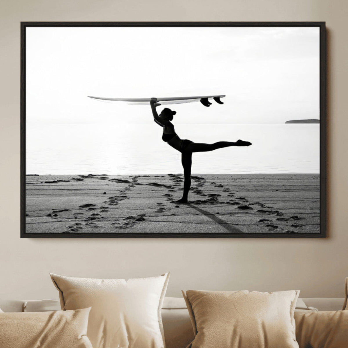 Yoga Surf Wall Art Canvas Print – Framed Black White Shore