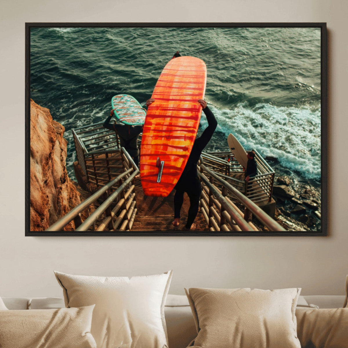Surfer Stairway Wall Art Canvas Print – Framed Ocean Surf