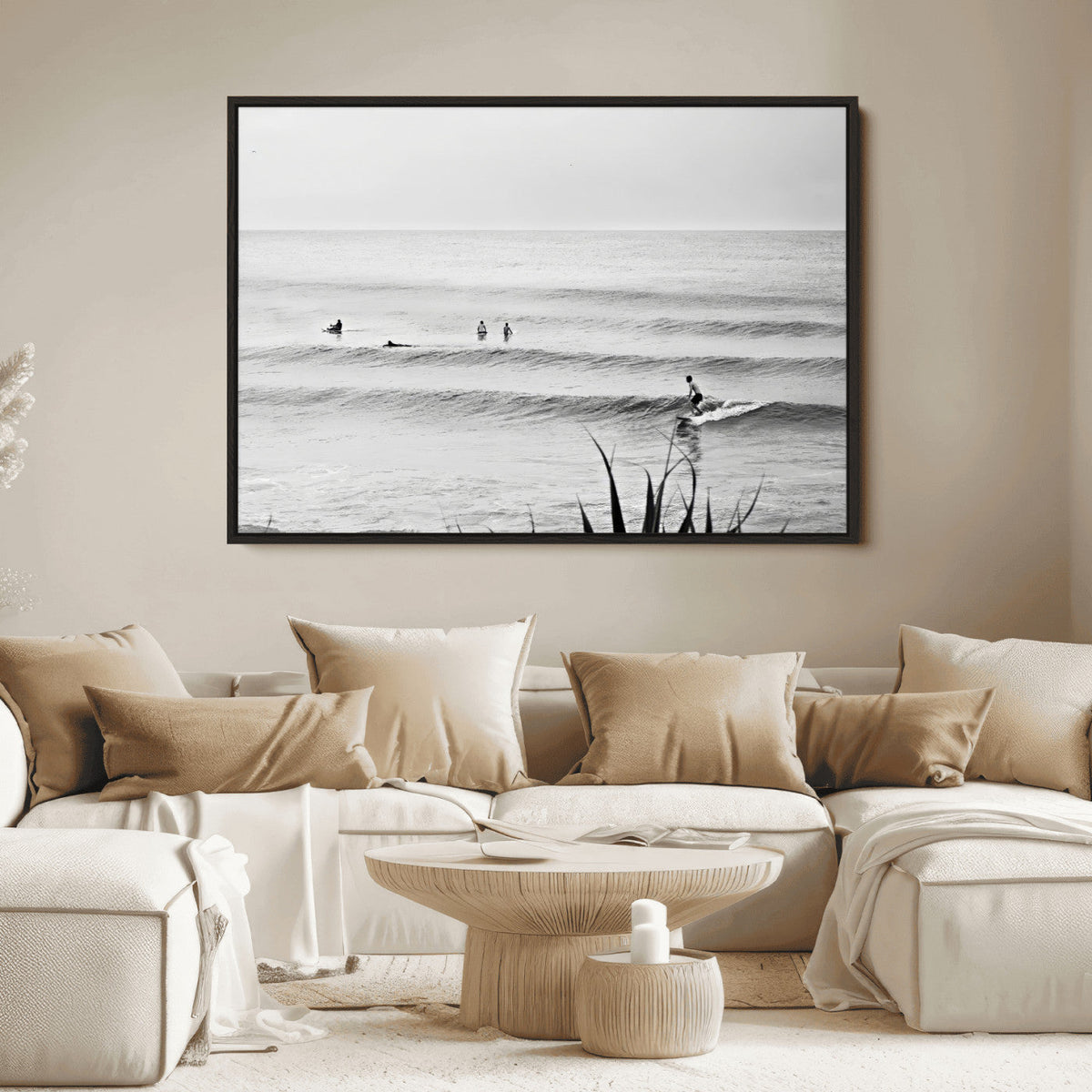 Surfer Silhouette Wall Art Canvas Print, Framed Calm Ocean