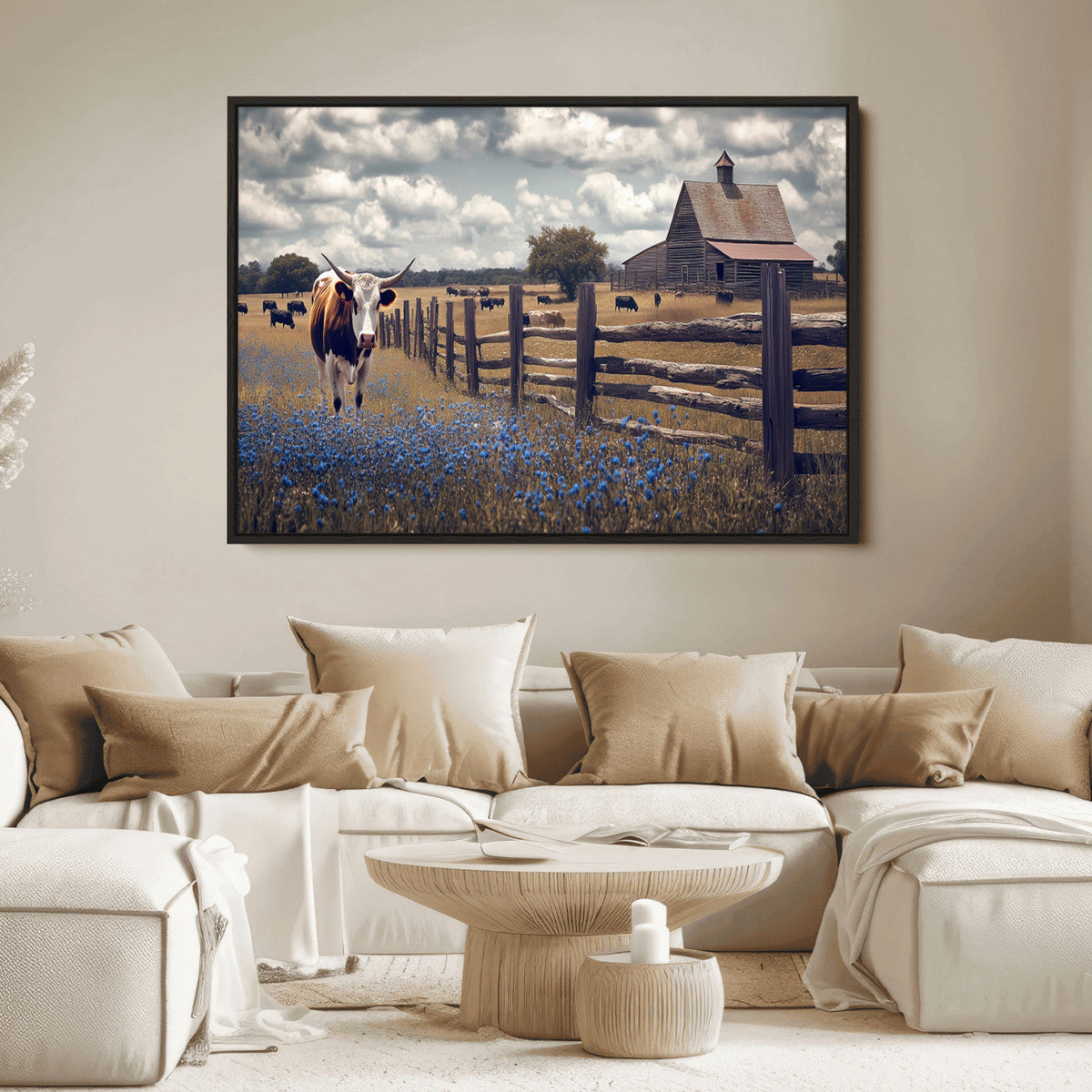 Texas Longhorn Canvas Wall Art Print – Framed Rustic Barn