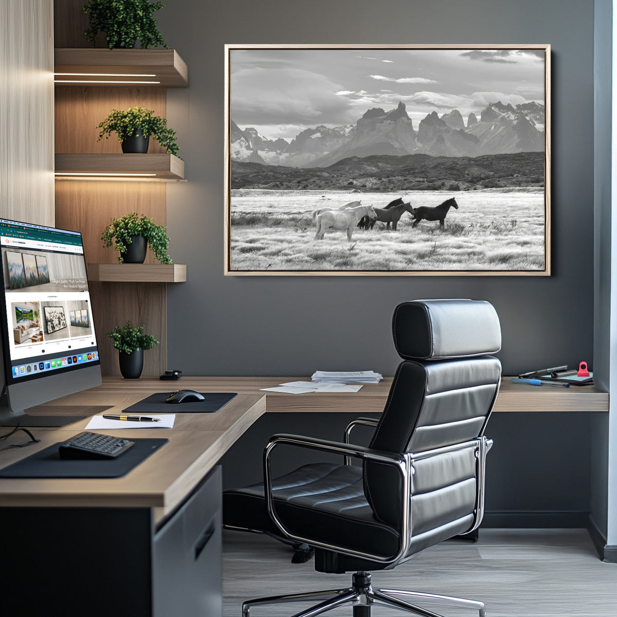 Wild Horses Wall Art Canvas Print – Framed Black and White