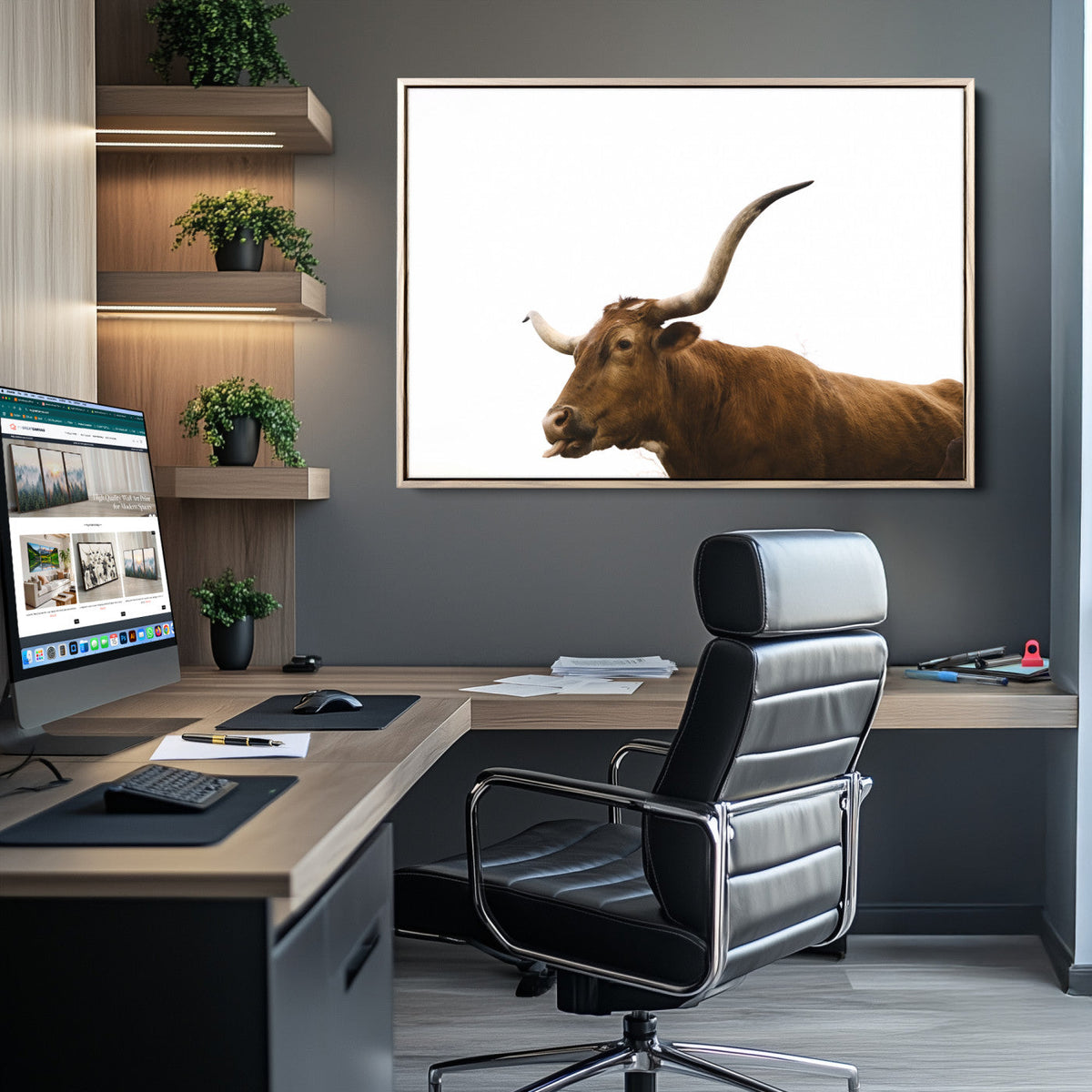 Longhorn Cow Wall Art Canvas Print – Framed Rustic Animal