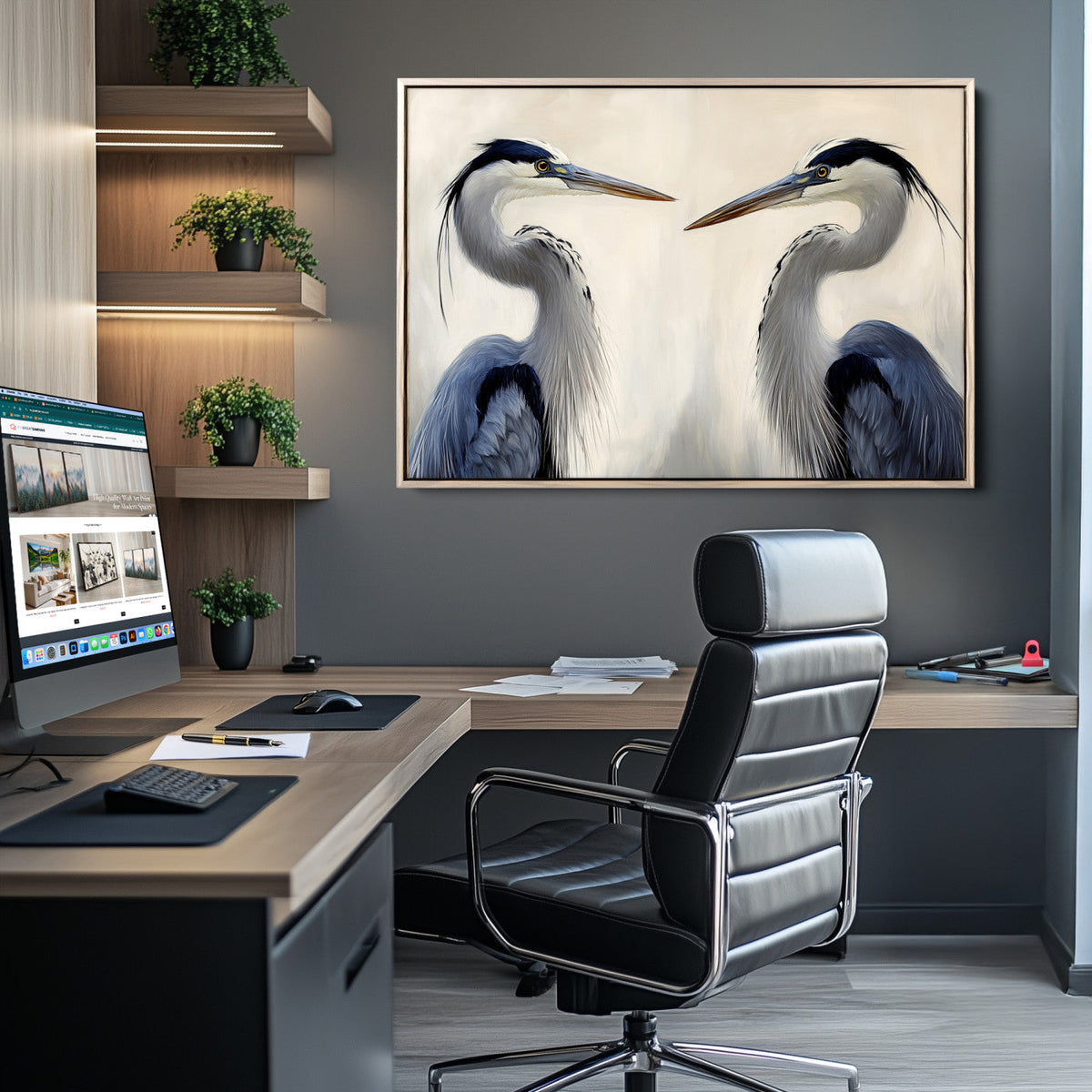 Blue Heron Pair Wall Art Canvas Print, Framed Coastal Bird