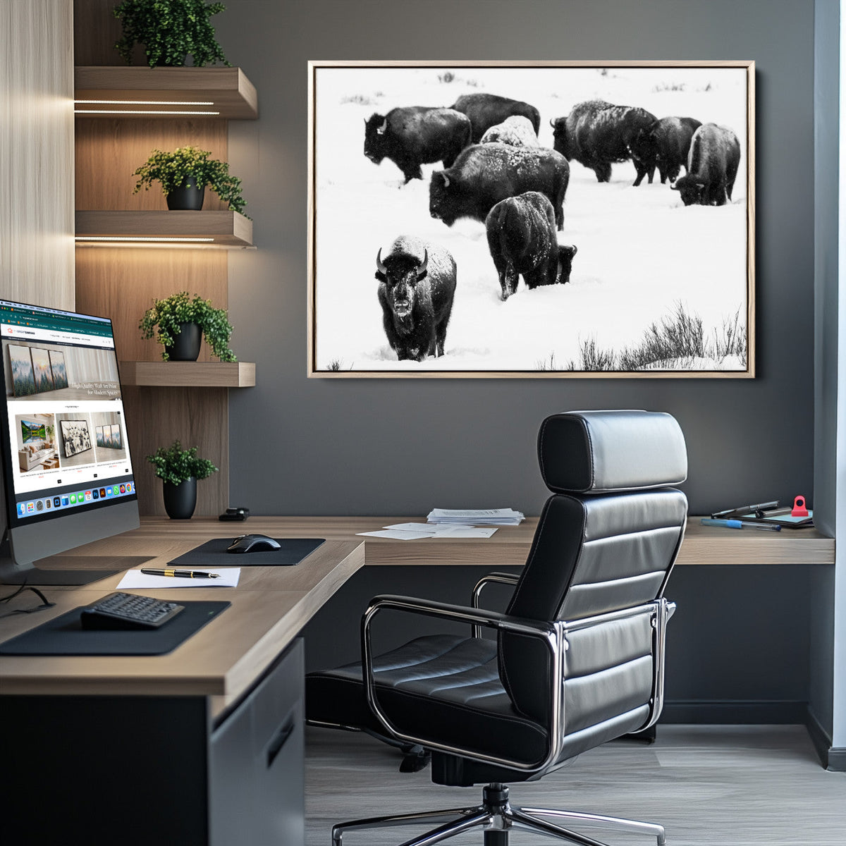 Buffalo Herd Wall Art Canvas Print – Framed Black and White