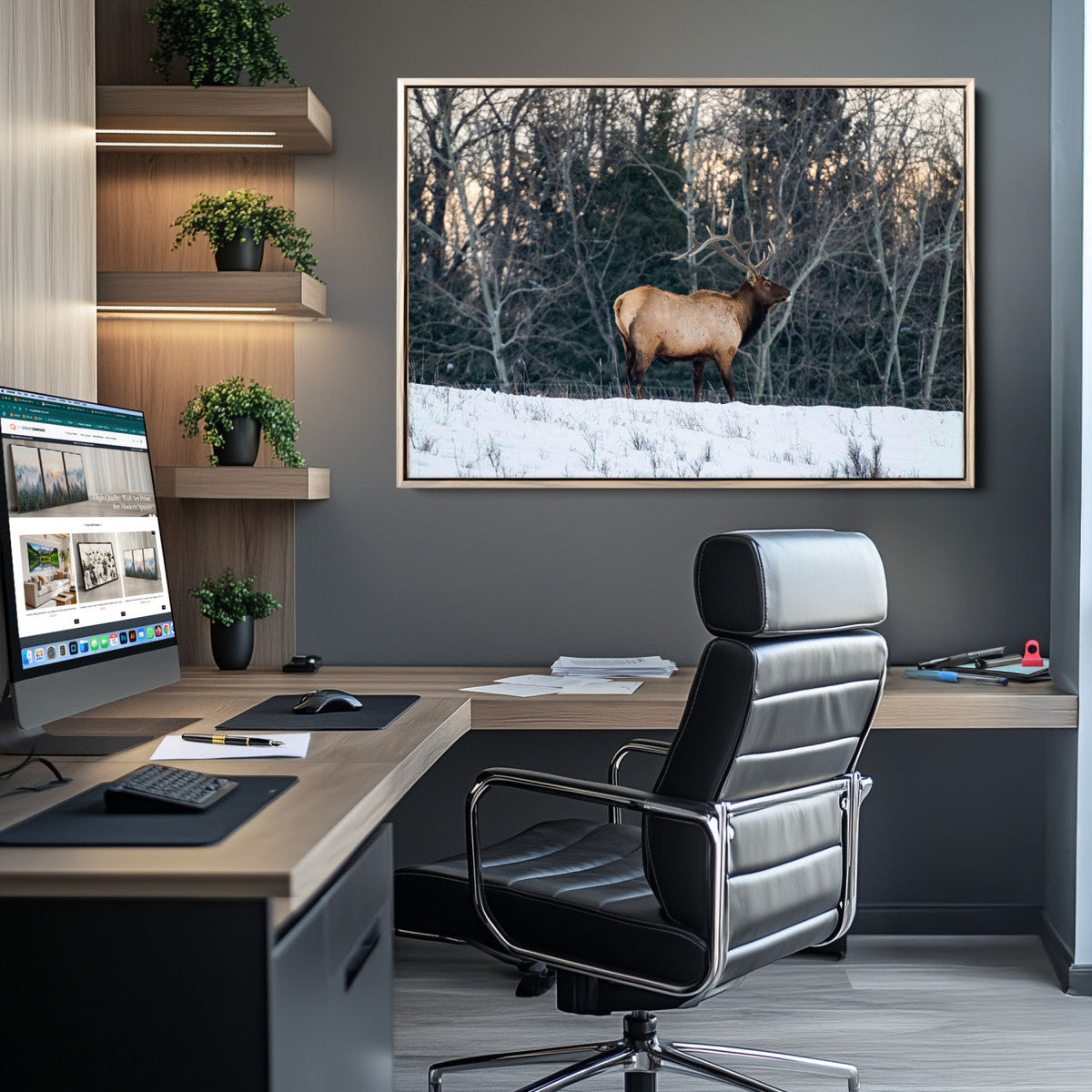 Wild Elk Wall Art Canvas Print – Framed Winter Wildlife