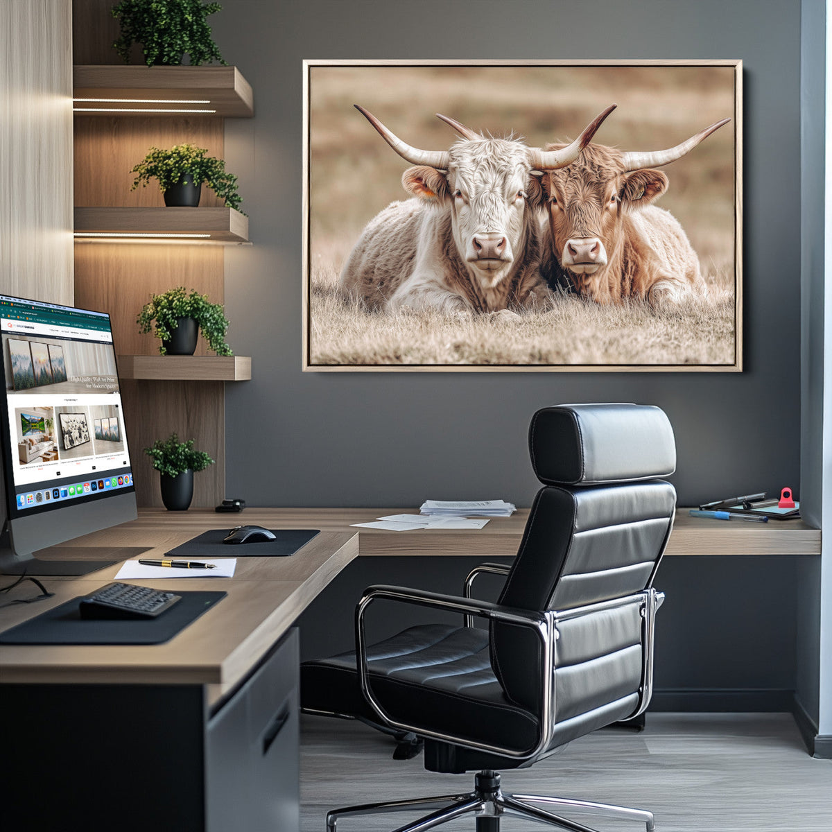 Couple Highland Cows Wall Art Canvas Print – Peaceful Meadow