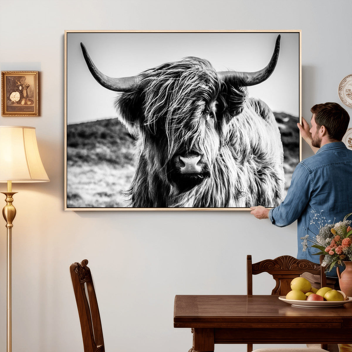 Black and White Scottish Cow Canvas Wall Art Highland Cattle