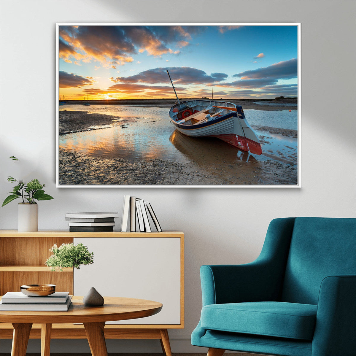 Small Boat At The Beach Sunset Wall Art, Boat Sunset Wall