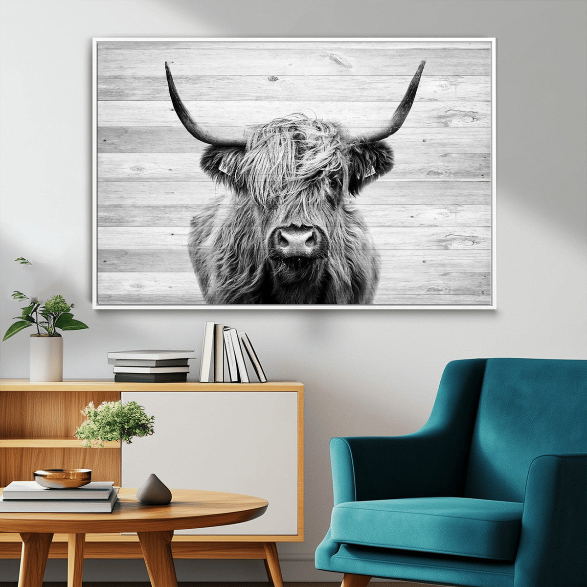 Scottish Highland Cow Cattle Art Print on Wood Background