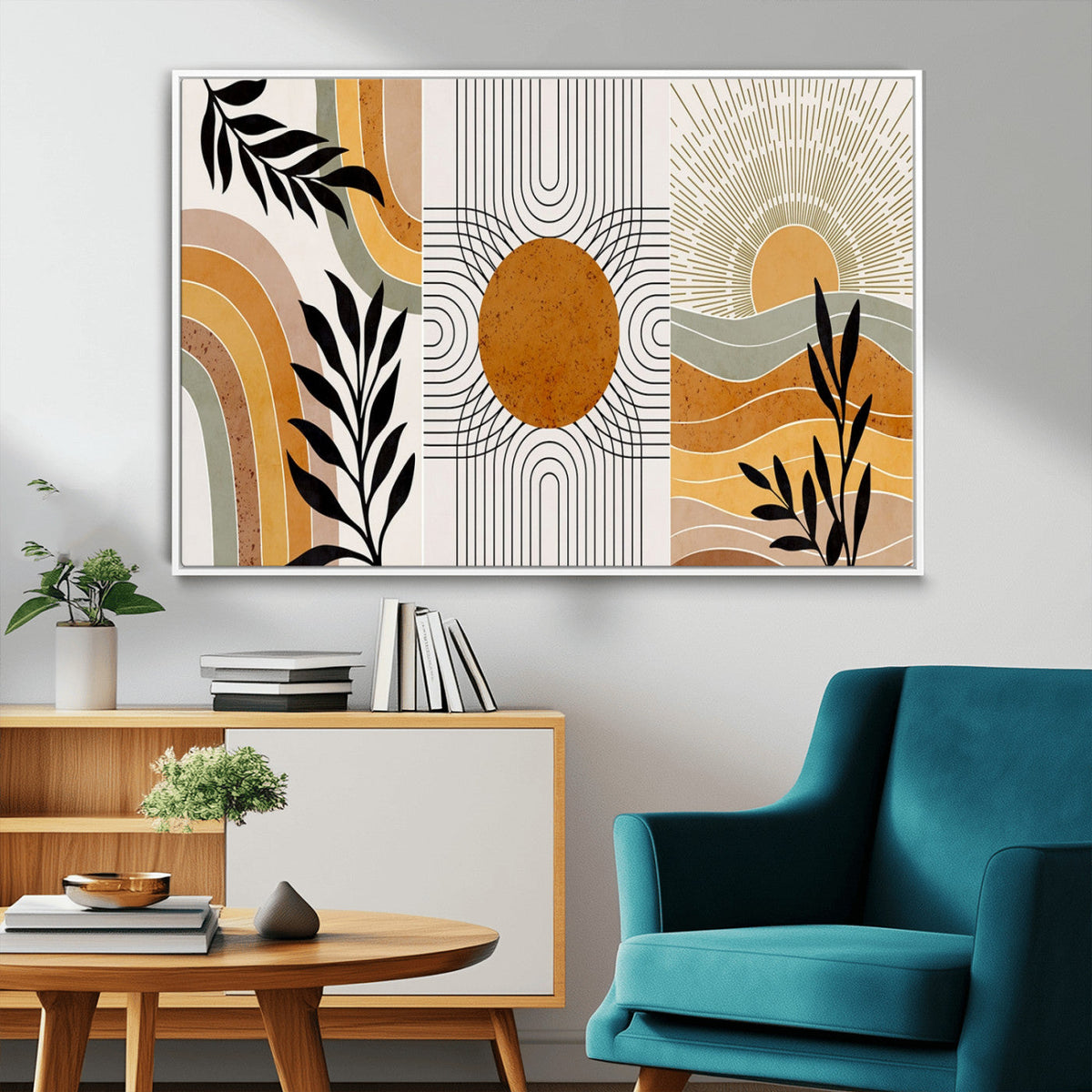 Modern Boho Sun and Leaf Abstract Art – 3-Panel Giclée
