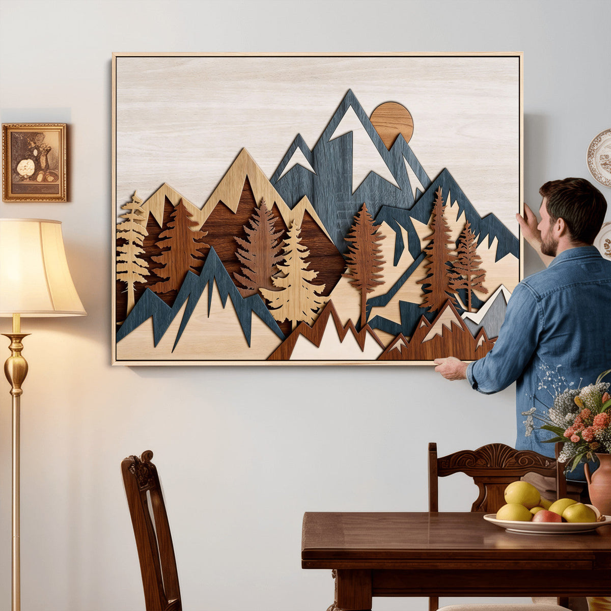 Rustic Abstract Wood Panel Effect Canvas Mountain Range Top