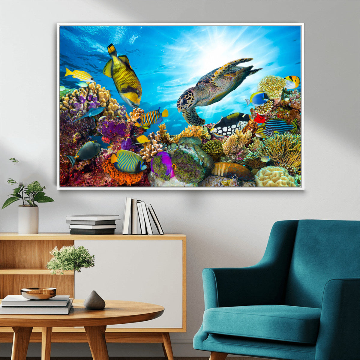 Colorful Coral Reef and Sea Life Turtle Canvas Print,