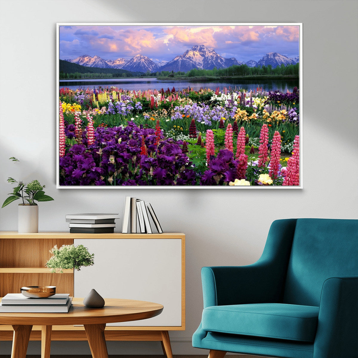 Vibrant Wildflower Garden and Mountain View Giclee Canvas