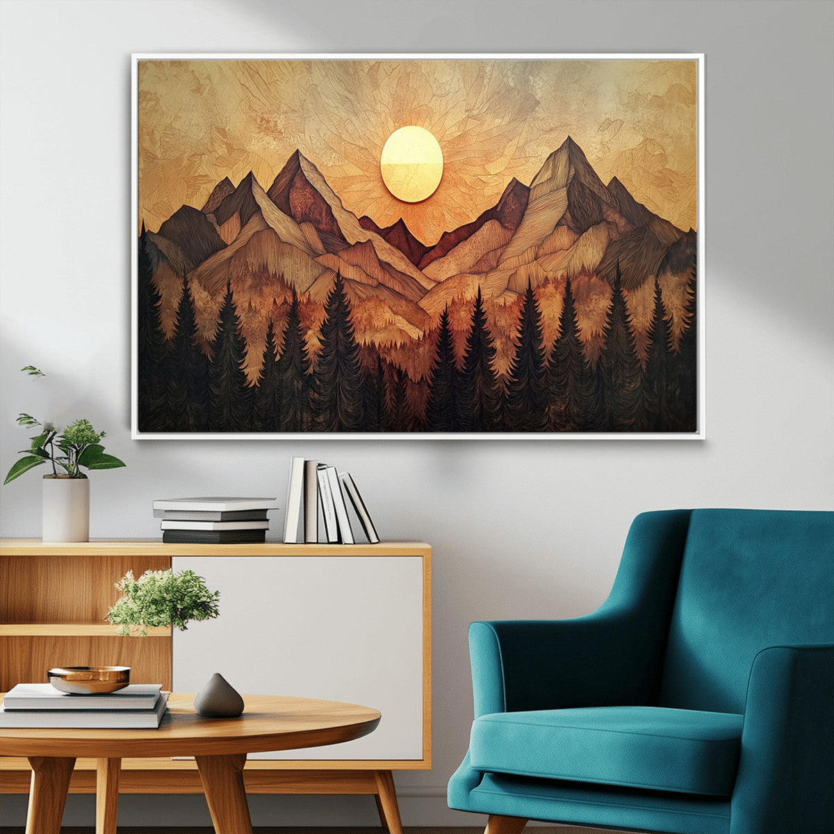 Wood Style Abstract Mountain Sunset Canvas Wall Art Print -