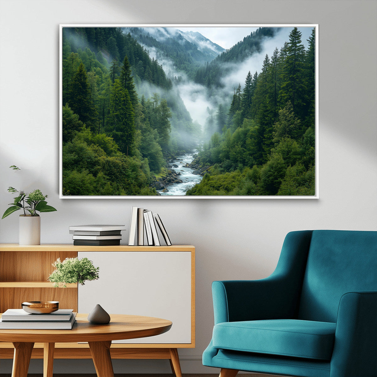 Mountain Forest River Canvas Wall Art Print - Serene Nature