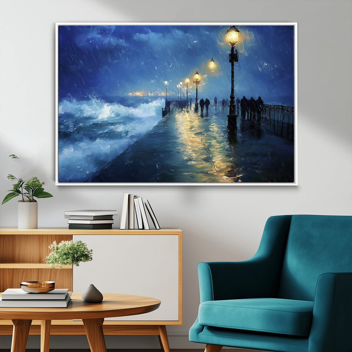 Storm Ocean Pier Canvas Wall Art Print - Large Moody Night