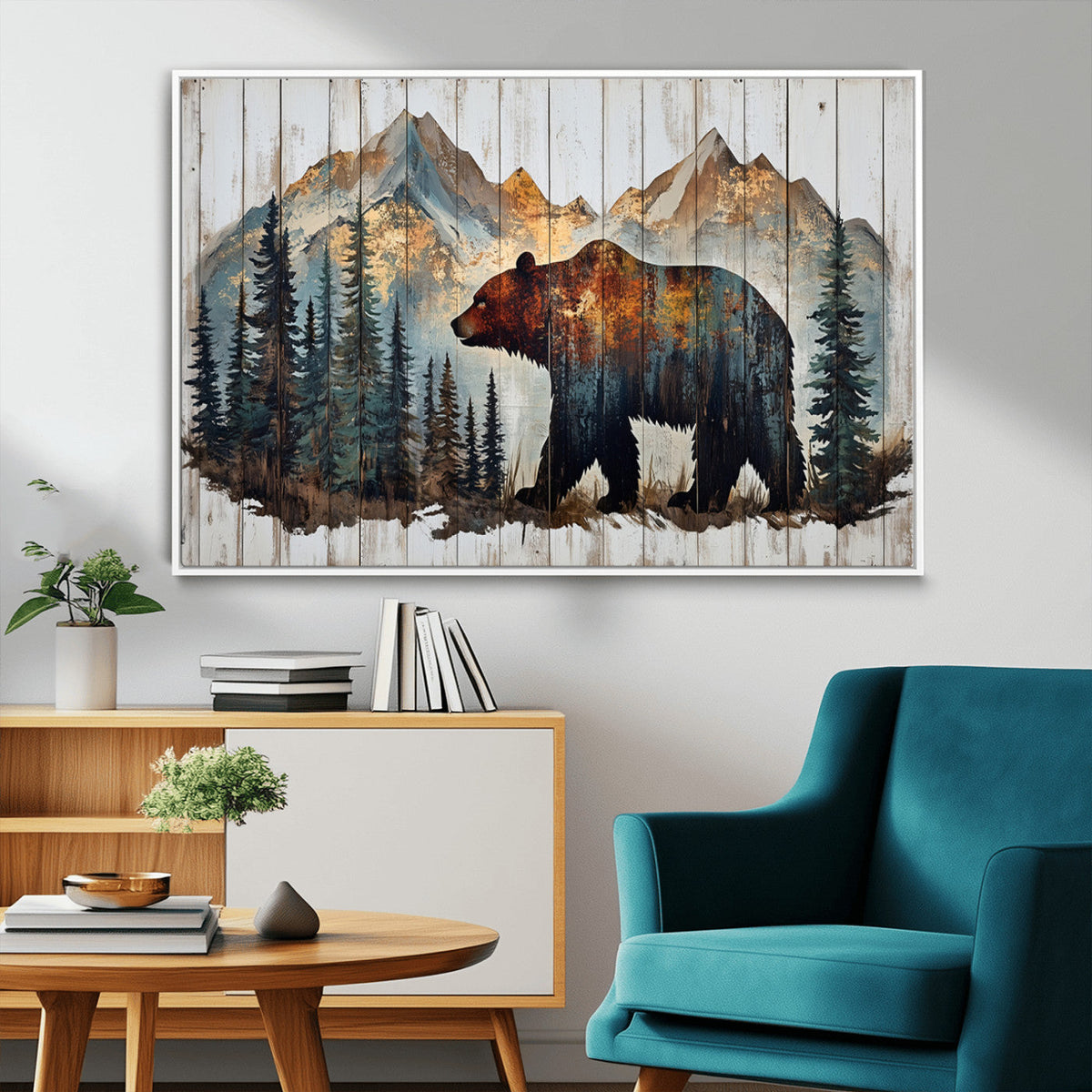 Rustic Grizzly 399 Bear and Mountain Wood Canvas Wall Art -