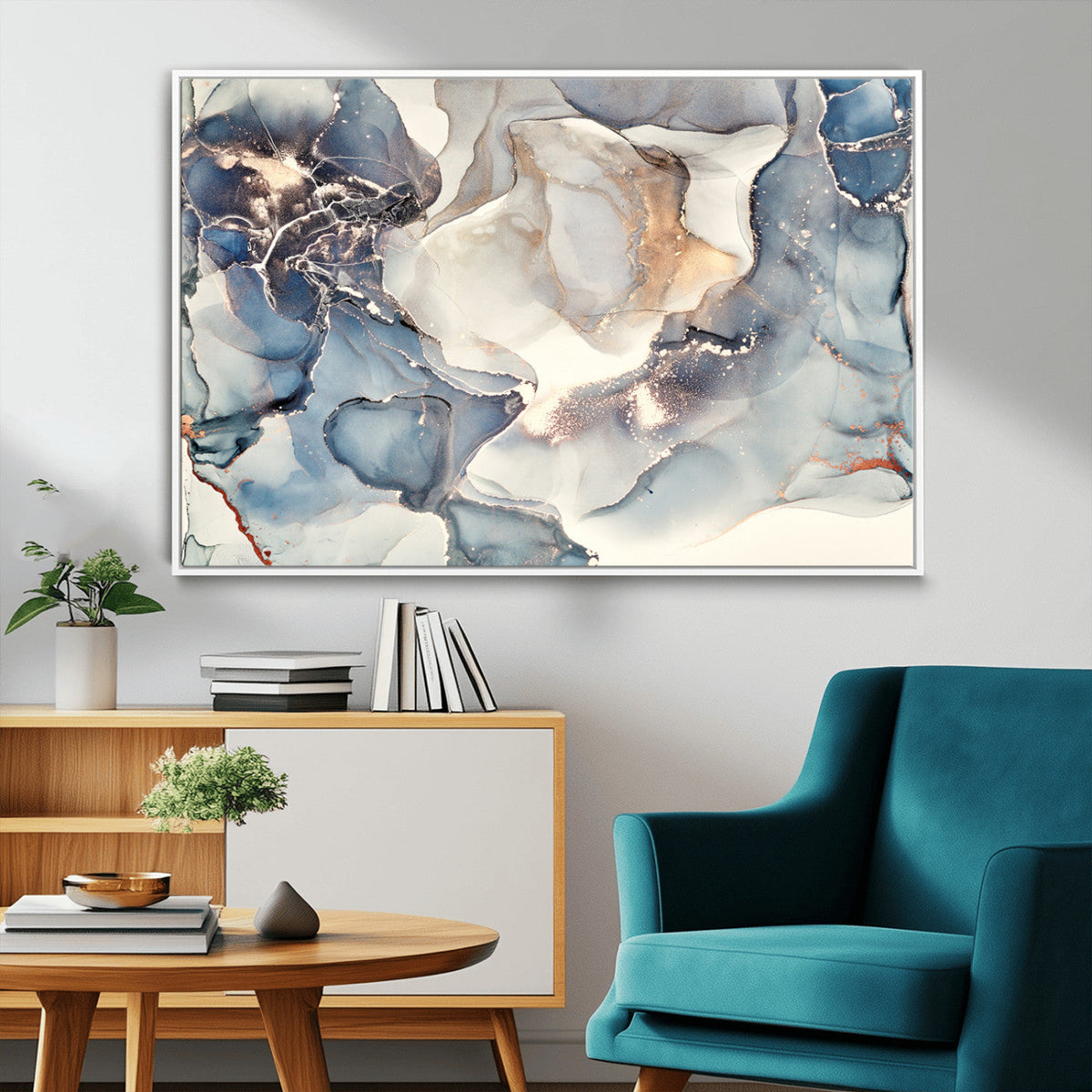 Abstract Blue and Gold Canvas Wall Art - Fluid Modern Ink