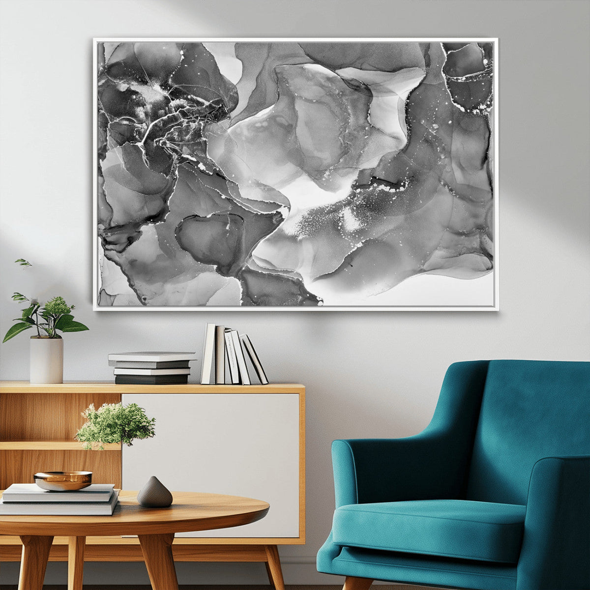 Black White Abstract Canvas Wall Art - Fluid Ink Artwork -