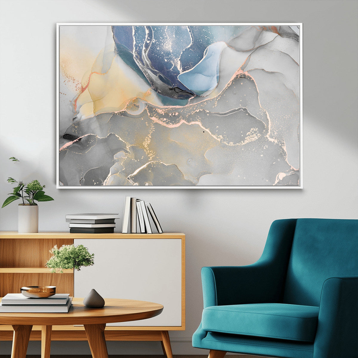 Large Abstract Blue and Gold Canvas Wall Art | Fluid Ink