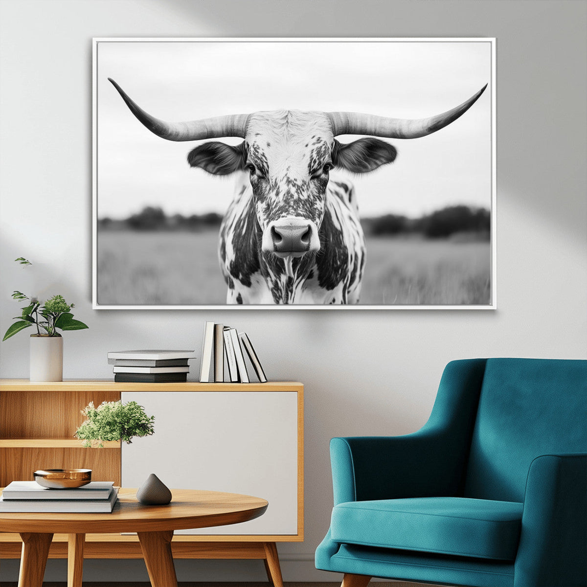 Highland Cow Wall Art Canvas Print – Black and White Western