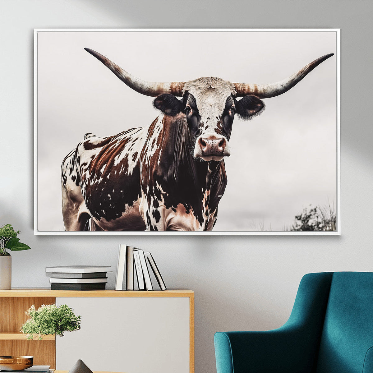 Texas Longhorn Wall Art Canvas Print – Framed Spotted Bull