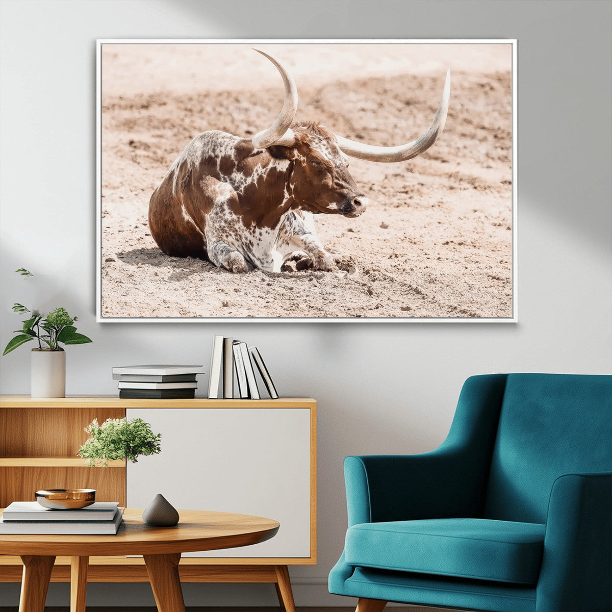 Texas Longhorn Wall Art Canvas Print – Framed Resting Bull