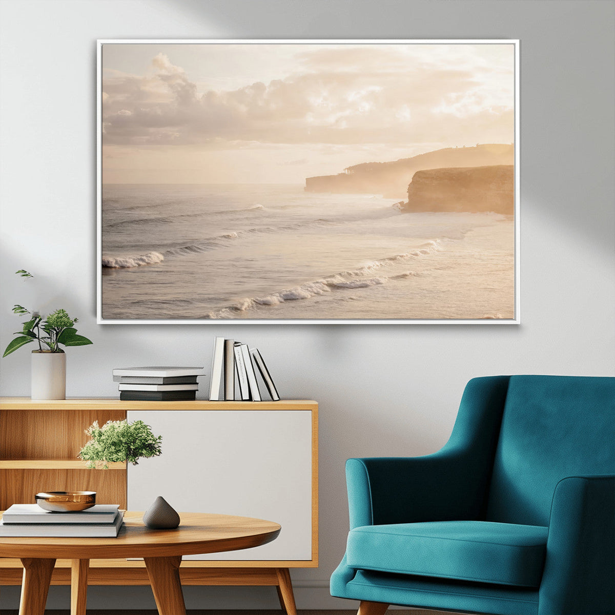 Misty Coastal Wall Art Canvas Print – Framed Golden Sunset