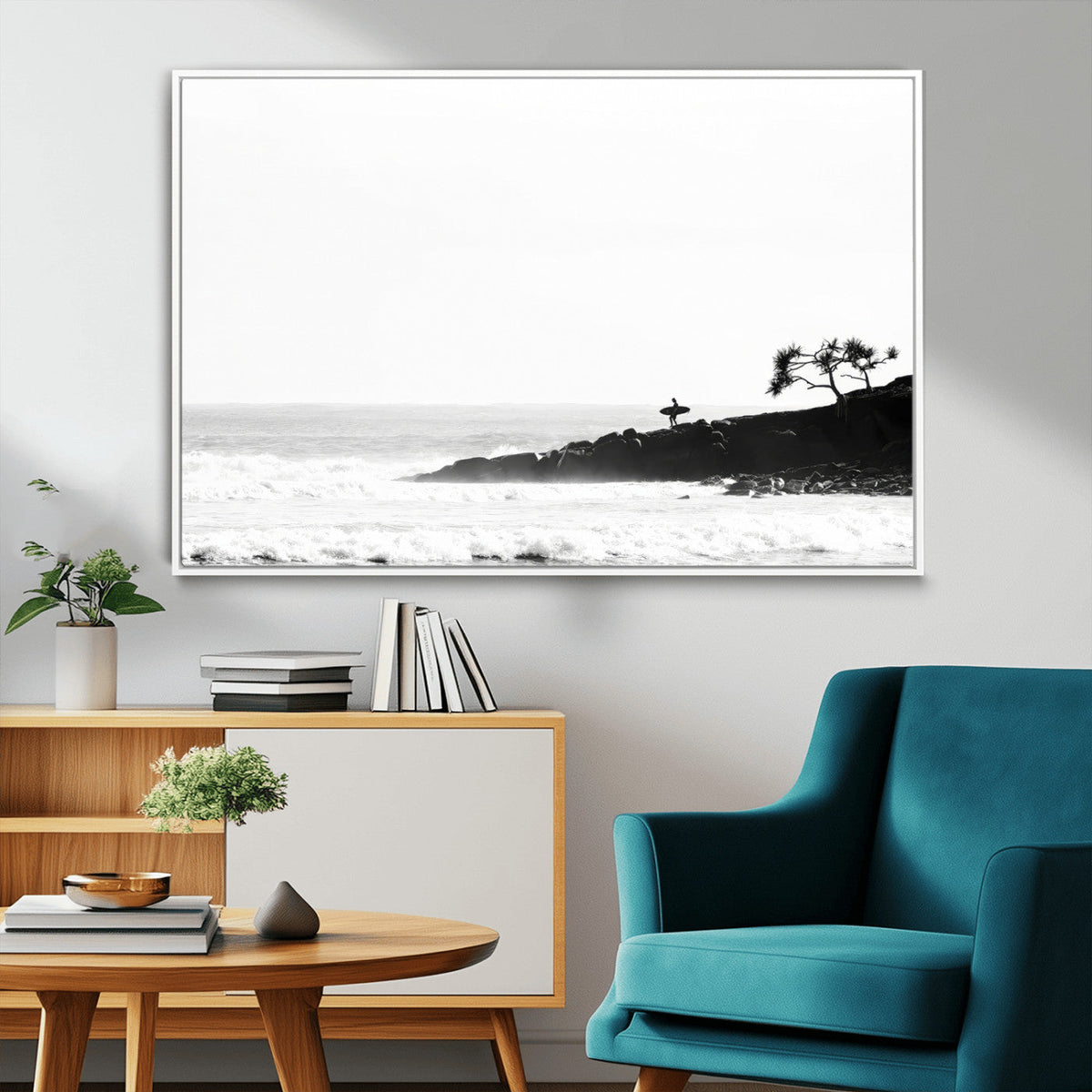 Surfer Cliffs Wall Art Canvas Print – Framed Black White