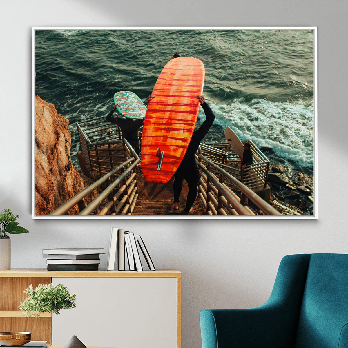 Surfer Stairway Wall Art – Framed Ocean Surf Canvas Artwork,