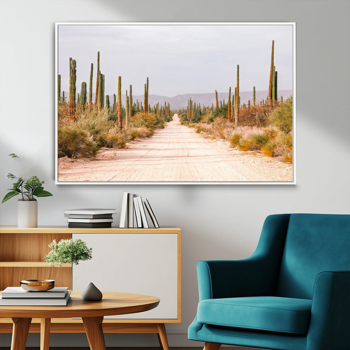 Desert Cactus Lined Road Wall Art Canvas Print – Framed