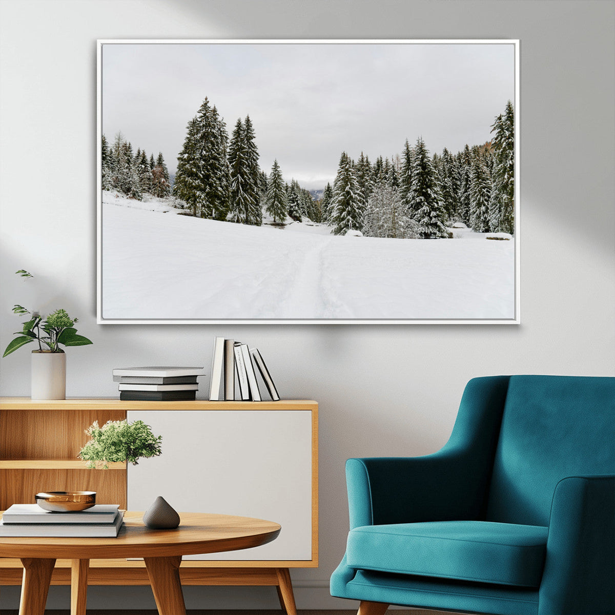 Frosty Pines Wall Art Canvas Print – Framed Silent Snowfall