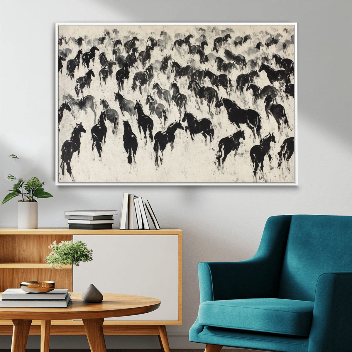 Wild Horse Stampede Wall Art Canvas Print – Monochrome