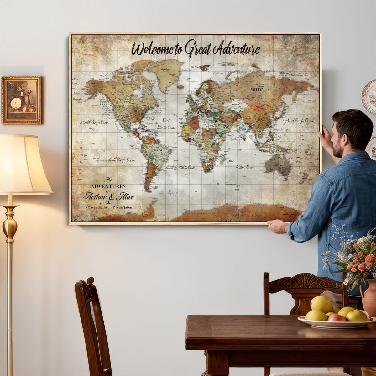 Personalized World Map Wall Art Canvas Print – Custom Push