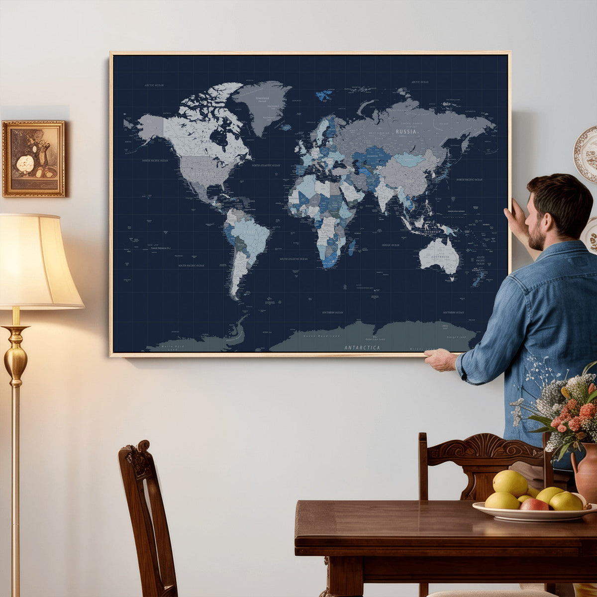 Blue Detailed World Map Wall Art Canvas Print, Modern Framed