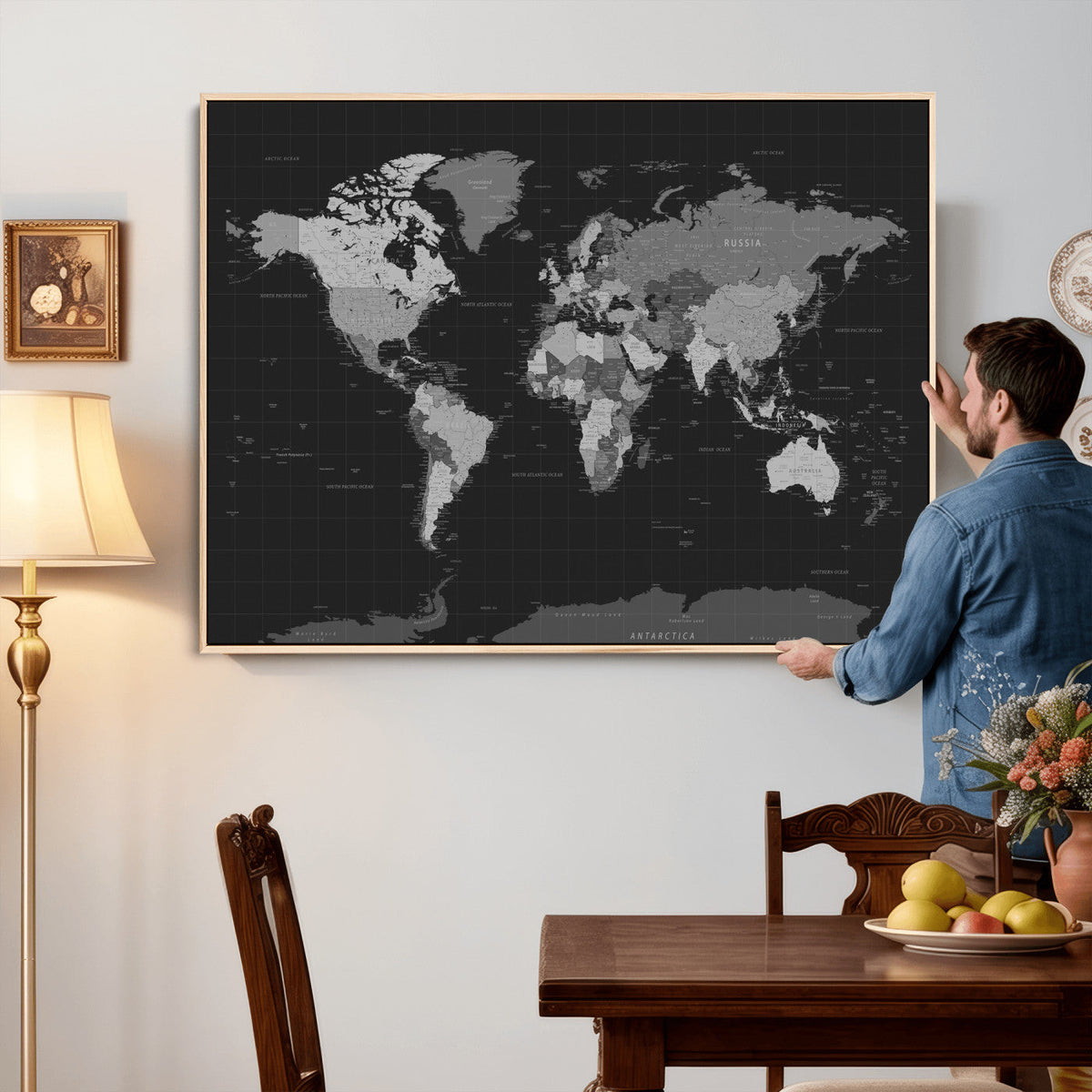 Black World Map Wall Art Canvas Print – Detailed Map of the
