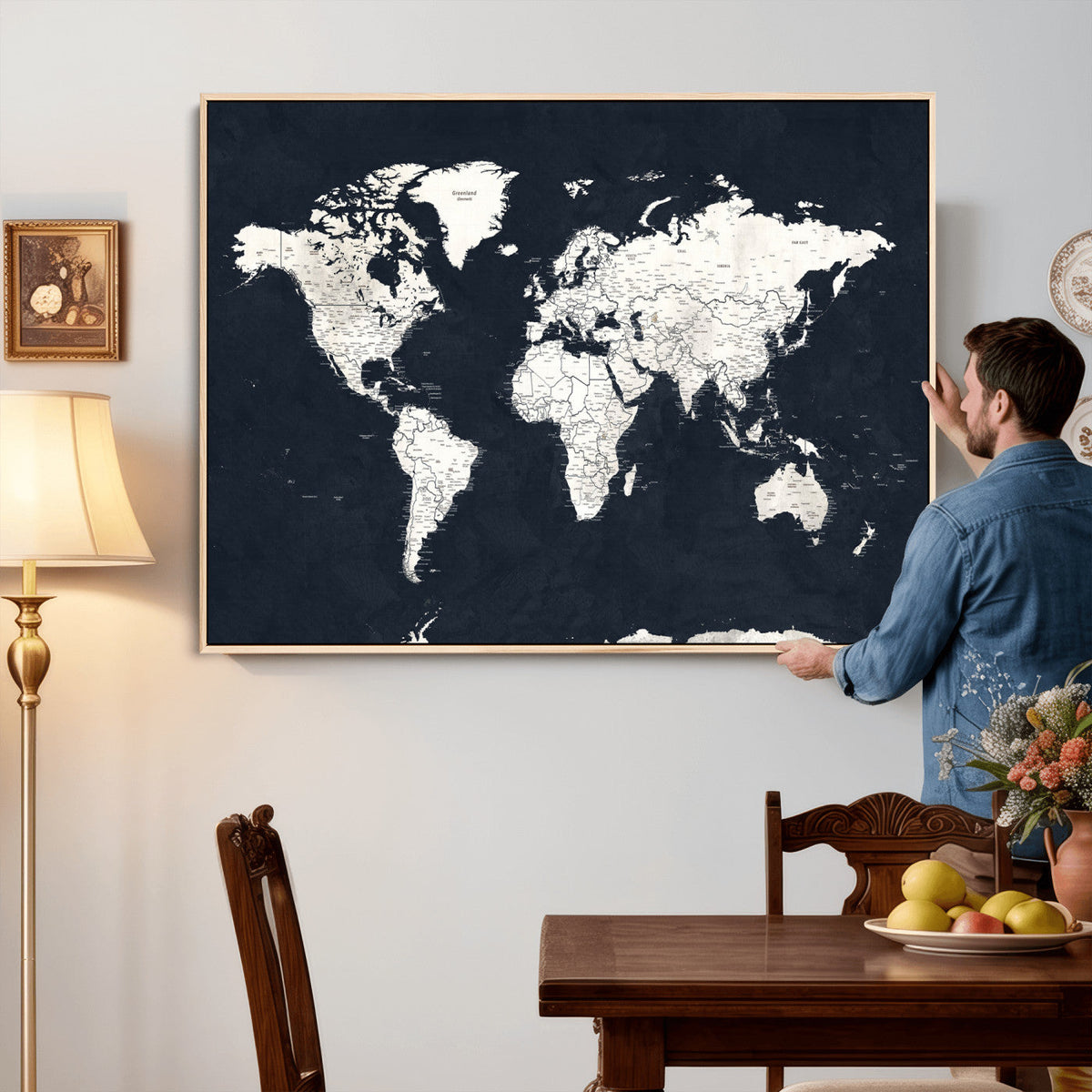 Black World Map Wall Art Canvas Print for Home Office and